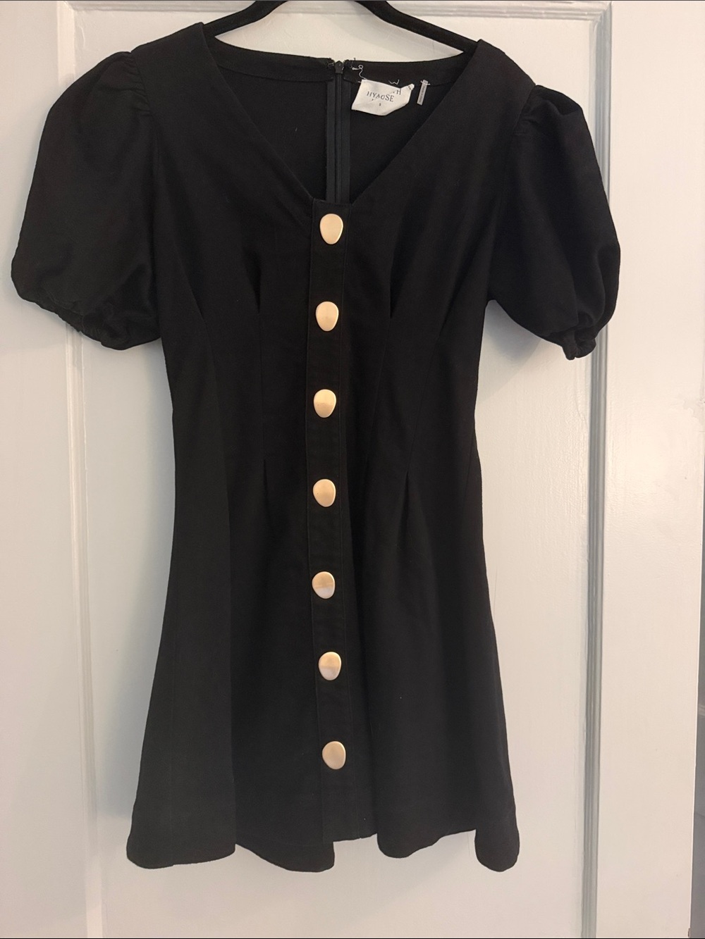 Tuckernuck Black Mini Dress with Gold Buttons and Puff Sleeves